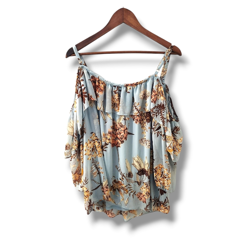 Boutique + Cold Shoulder Floral Print Ruffled Blouse | 3X